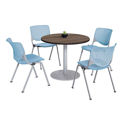 KFI Studios Pedestal Table with Four Sky Blue Kool Series Chairs, Round, 36" Dia x 29h, Studio Teak (KFI811774036900)