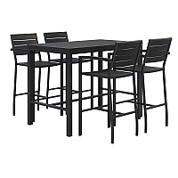 KFI Studios Eveleen Outdoor Bistro Patio Table with Four Black Powder-Coated Polymer Barstools, 32 x 55, Black (KFI840031925213)