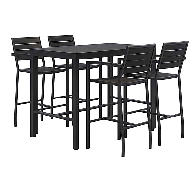 KFI Studios Eveleen Outdoor Bistro Patio Table with Four Black Powder-Coated Polymer Barstools, 32 x 55, Black (KFI840031925213)