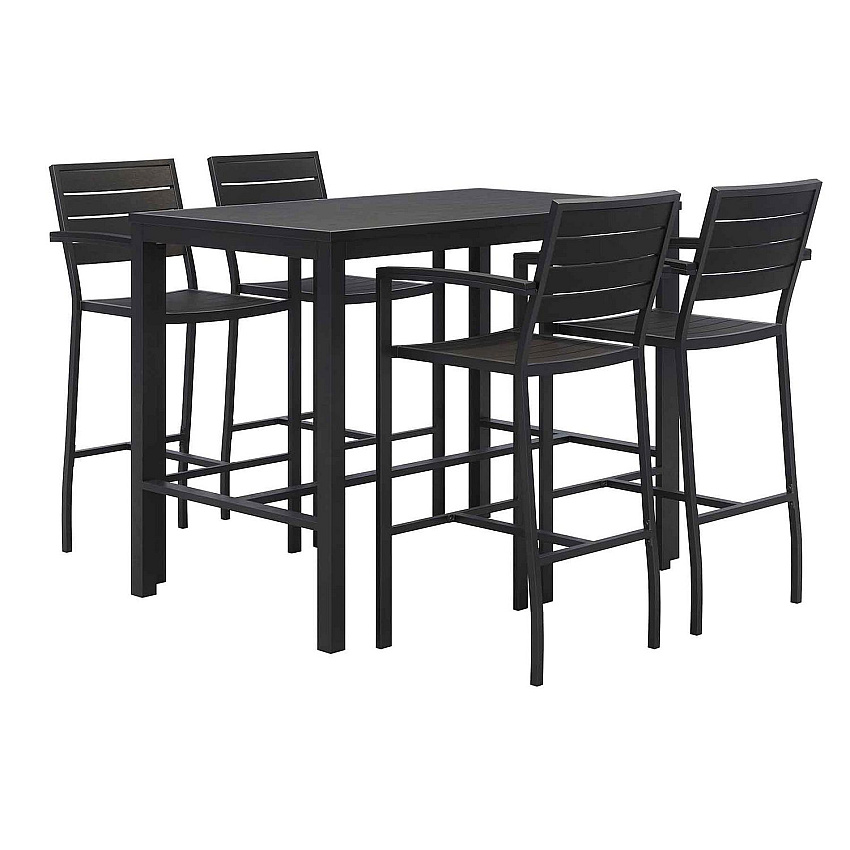 KFI Studios Eveleen Outdoor Bistro Patio Table with Four Black Powder-Coated Polymer Barstools, 32 x 55, Black (KFI840031925213)