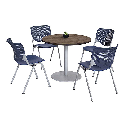 KFI Studios Pedestal Table with Four Navy Kool Series Chairs, Round, 36" Dia x 29h, Studio Teak (KFI811774036870)