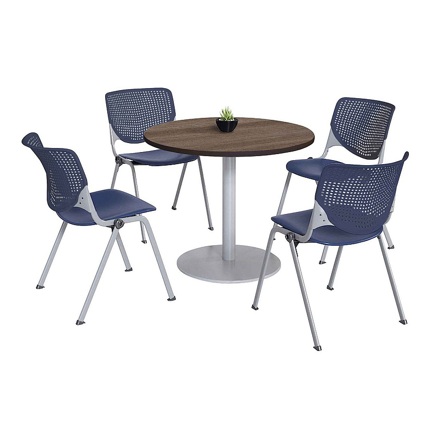 KFI Studios Pedestal Table with Four Navy Kool Series Chairs, Round, 36" Dia x 29h, Studio Teak (KFI811774036870)