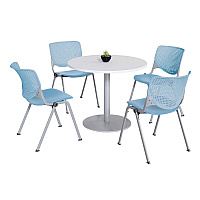KFI Studios Pedestal Table with Four Sky Blue Kool Series Chairs, Round, 36" Dia x 29h, Designer White (KFI811774036757)