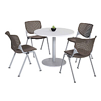 KFI Studios Pedestal Table with Four Brownstone Kool Series Chairs, Round, 36" Dia x 29h, Designer White (KFI811774036733)