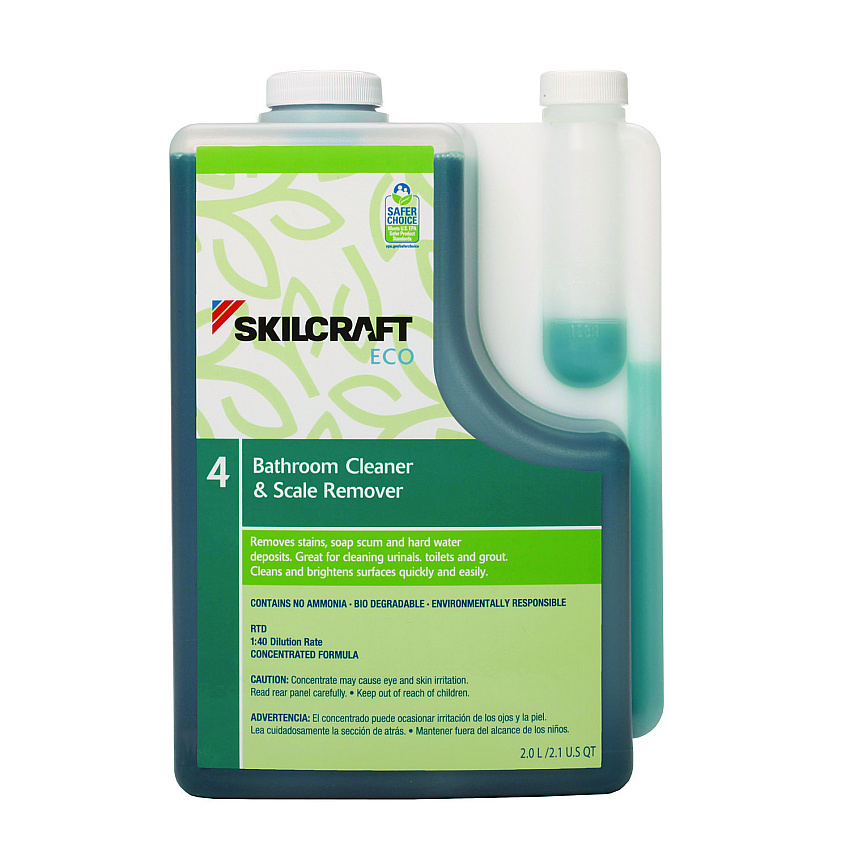 AbilityOne 7930017148379, SKILCRAFT ECO Bathroom Cleaner and Scale Remover Concentrate, 2 L Bottle, 4/Pack
