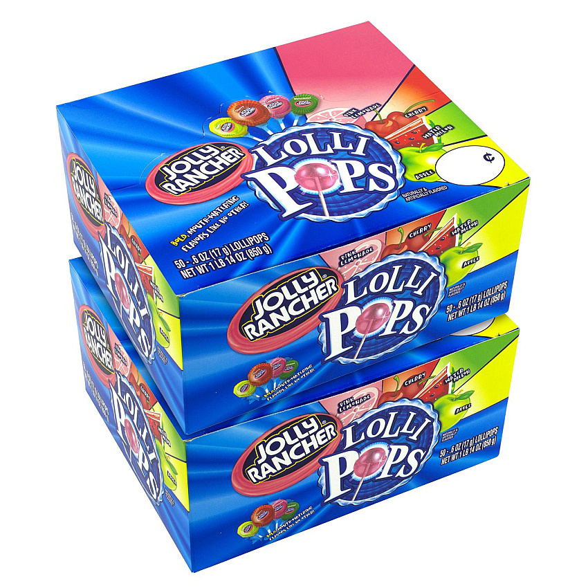 Jolly Rancher Lollipops Assortment, Assorted Flavors, 0.6 oz Individually Wrapped, 50/Box, 2 Boxes/Carton (GRR60004065)