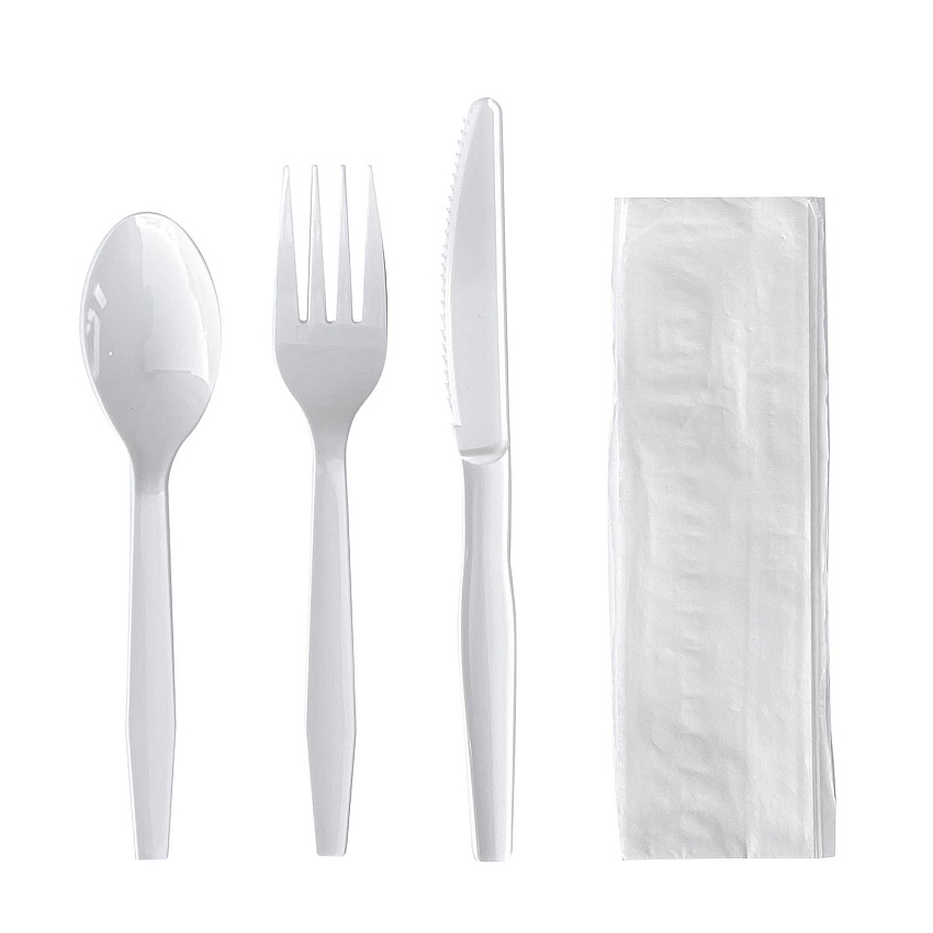 Boardwalk Four-Piece Cutlery Kit, Fork/Knife/Napkin/Teaspoon, Mediumweight, Polystyrene, White, 250/Carton (BWK4KITWHPS)