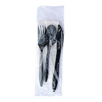 Boardwalk Four-Piece Cutlery Kit, Fork/Knife/Teaspoon/Napkin, Mediumweight, Black, 250/Carton (BWK4KITBLPP)