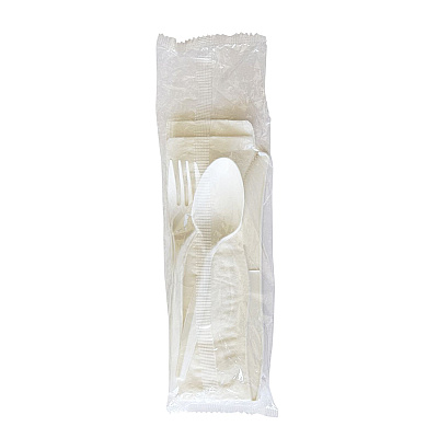 Boardwalk Four-Piece Polypropylene Cutlery Kit, Mediumweight, Fork/Knife/Napkin/Spoon, Plastic, White, 250/Carton (4COMBOKITPP)