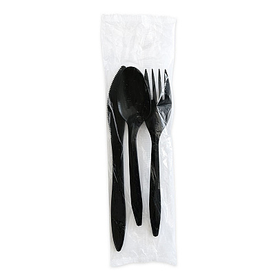 Boardwalk Three-Piece Cutlery Kit, Fork/Knife/Teaspoon, Polystyrene, Black, 250/Carton (BWK3KITBLPS)