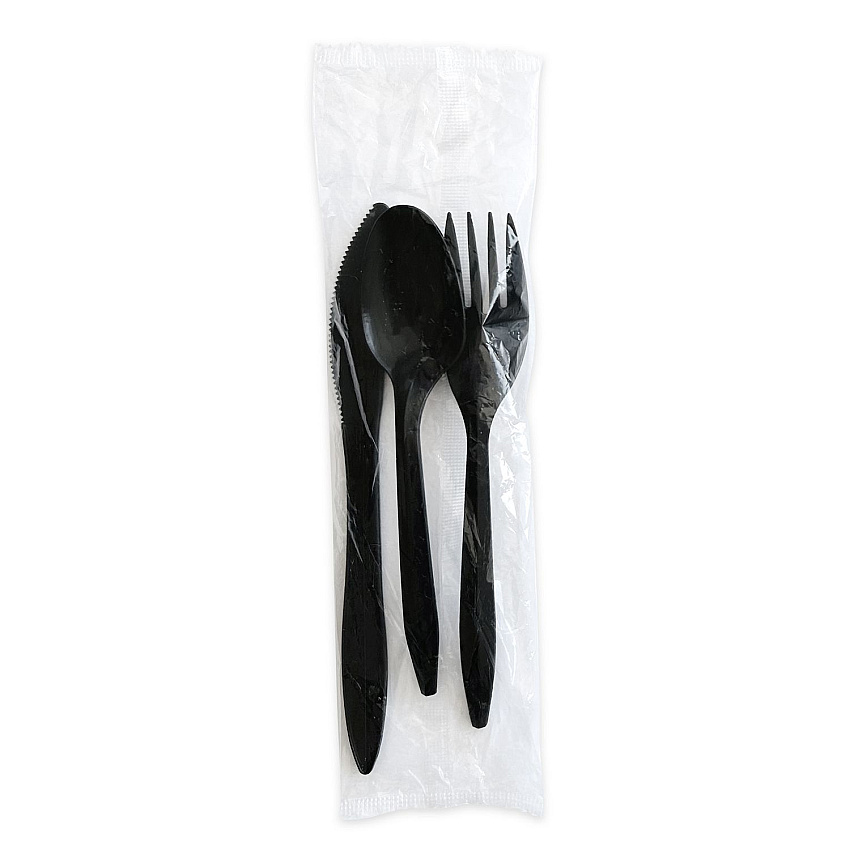 Boardwalk Three-Piece Cutlery Kit, Fork/Knife/Teaspoon, Polystyrene, Black, 250/Carton (BWK3KITBLPS)