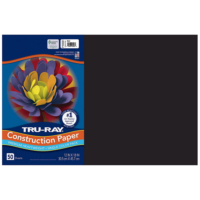 Pacon Tru-Ray Construction Paper, 76 lb Text Weight, 12 x 18, Black, 50/Pack, 25 Packs/Carton (PAC103061CT)