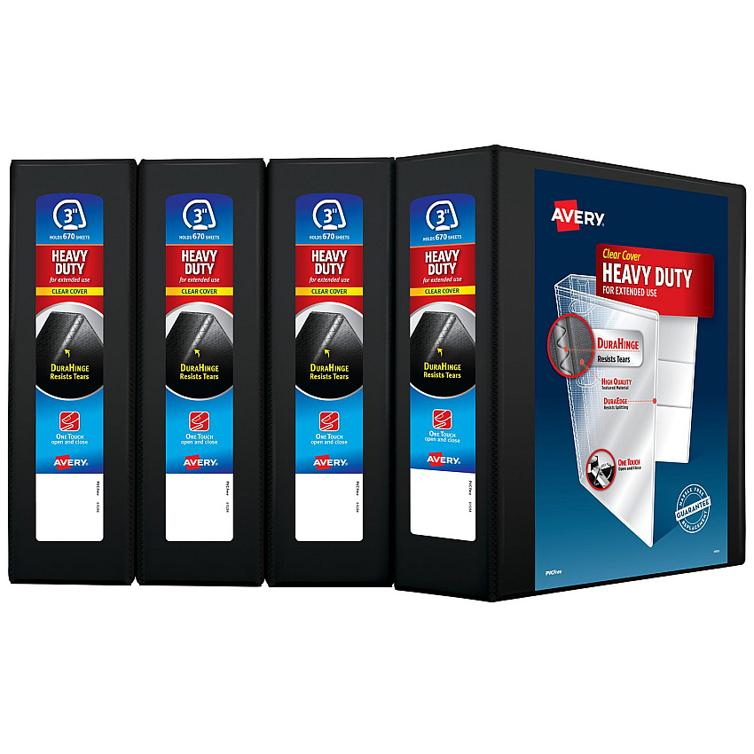 Avery Heavy-Duty View Binder with DuraHinge and One Touch EZD Rings, 3 Rings, 3" Capacity, 11 x 8.5, Black, 4/Carton (AVE79693CT)