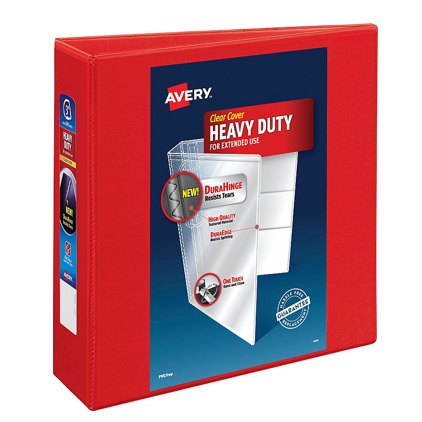 Avery Heavy-Duty View Binder with DuraHinge and Locking One Touch EZD Rings, 3 Rings, 3" Capacity, 11 x 8.5, Red, 4/Carton (AVE79325CT)