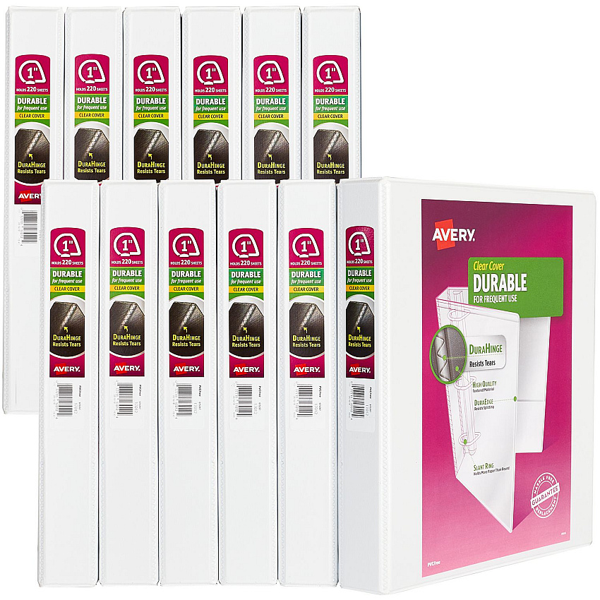 Avery Durable View Binder with DuraHinge and Slant Rings, 3 Rings, 1" Capacity, 11 x 8.5, White, 12/Carton (AVE17012CT)