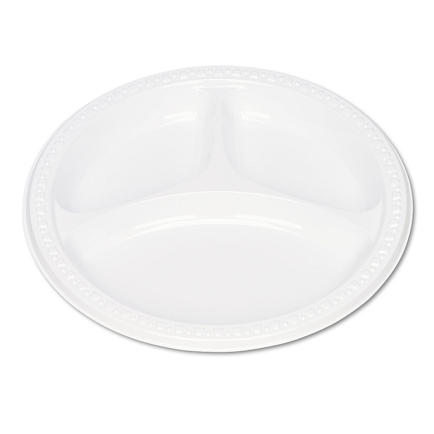 Tablemate Plastic Dinnerware, 3-Compartment Plates, 9" dia, White, 125/Pack (TBL19644WH)