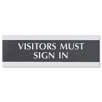 Headline Sign Century Series Office Sign, VISITORS MUST SIGN IN, 9 x 3, Black/Silver (USS4763)