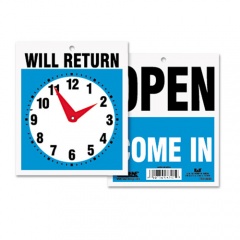 Headline Sign Double-Sided Open/Will Return Sign with Clock Hands, Plastic, 7.5 x 9 (9382)