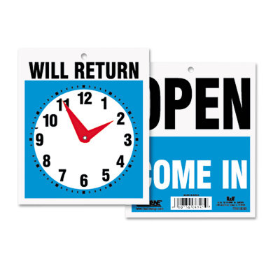 Headline Sign Double-Sided Open/Will Return Sign with Clock Hands, Plastic, 7.5 x 9 (USS9382)