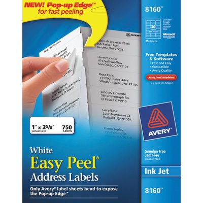 Avery Easy Peel Address Labels, Inkjet (1" x 2 5/8") (White) (30 Labels/Sheet) (25 Sheets/Box) (8160)
