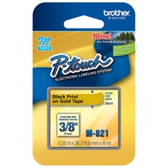 Brother 9mm (3/8") Black on Gold Non-Laminated Tape (8m/26.2') (1/Pkg) (M821)