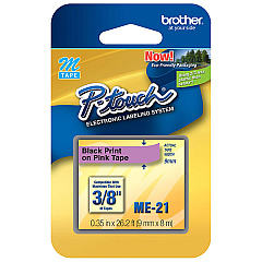 Brother 9mm (3/8") Black on Pink Non-Laminated Tape (8m/26.2') (1/Pkg) (ME21)