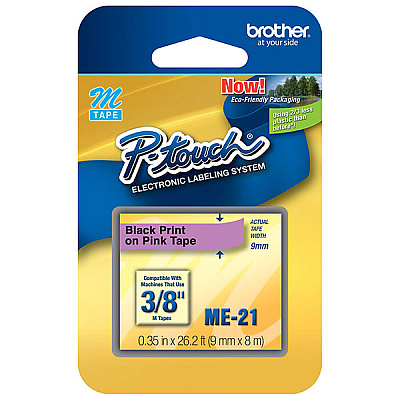 Brother 9mm (3/8") Black on Pink Non-Laminated Tape (8m/26.2') (1/Pkg) (ME21)