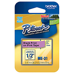 Brother 12mm (1/2") Black on Pink Non-Laminated Tape (8m/26.2') (1/Pkg) (ME31)