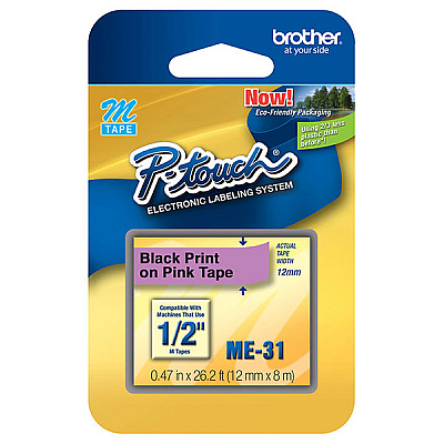 Brother 12mm (1/2") Black on Pink Non-Laminated Tape (8m/26.2') (1/Pkg) (ME31)
