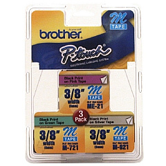Brother 9mm (3/8") Black on Pink, Black on Green, Black on Silver Non-Laminated Tape 3-Pack (3 x 8m/26.2') (ME793)