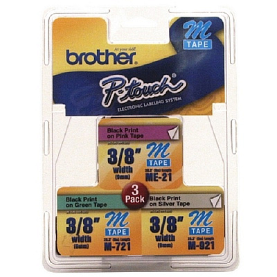 Brother 9mm (3/8") Black on Pink, Black on Green, Black on Silver Non-Laminated Tape 3-Pack (3 x 8m/26.2') (ME793)