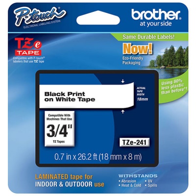 Brother 18mm (3/4") Black on White Laminated Tape (8m/26.2') (1/Pkg) (TZE241)