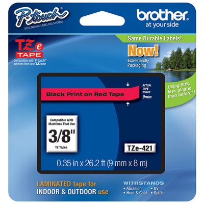 Brother 9mm (3/8") Black on Red Laminated Tape (8m/26.2') (1/Pkg) (TZE421)