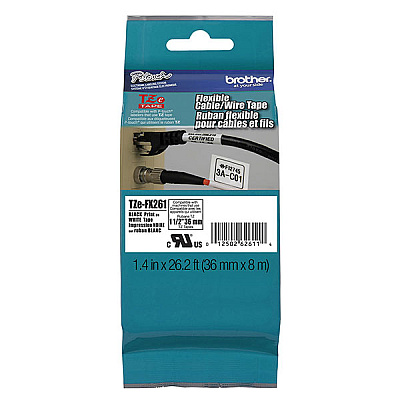 Brother 36mm (1 1/2") Black on White Flexible ID Super Adhesive Industrial Tape (8m/26.2') (1/Pkg) (TZEFX261)