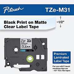 Brother Black Print on Matte Clear Laminated Tape (12mm (0.47") Wide x 8m (26.2') Long) (TZEM31)