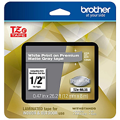 Brother White Print on Premium Matte Gray Laminated Tape (12mm (0.47") Wide x 8m (26.2') Long) (TZEML35)