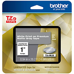 Brother White Print on Premium Matte Gray Laminated Tape (24mm (0.94") Wide x 8m (26.2') Long) (TZEML55)