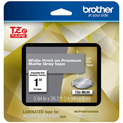 Brother White Print on Premium Matte Gray Laminated Tape (24mm (0.94") Wide x 8m (26.2') Long) (TZEML55)