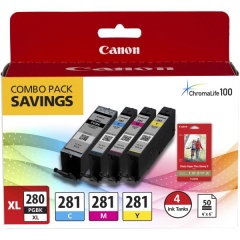 Canon (PGI-280) XL PGBK/CLI-281CMY, 50 Sheets Glossy Photo Paper 4"x6" PP-301 Combo Ink Pack (Includes K/C/M/Y) (2021C006)