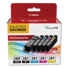 Canon (PGI-280/CLI-281) (Pigment Black/Dye Based BK/C/M/Y) Ink Cartridge 5 Color Value Pack (2075C006)