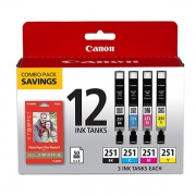 Canon (CLI-251) BK/CMY 12-Color Ink Cartridge + Photo Paper Combo Pack (Inlcudes 3 Ink Tanks of Each Color, 50 Sheets of 4"x6" PP-201 Glossy Photo Paper) (6513B010)