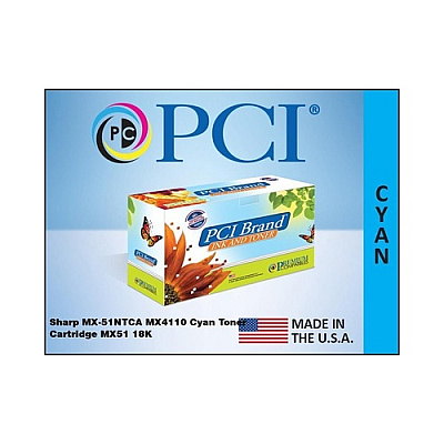 PCI Brand Compatible Sharp Mx-51ntca Cyan Toner Cartridge 18k Yld For Sharp Mx-4110/mx-4110n/mx-4111/mx-4111n/mx-5110/mx-5110n/mx-5111 Made In Usa (MX51NTCA)