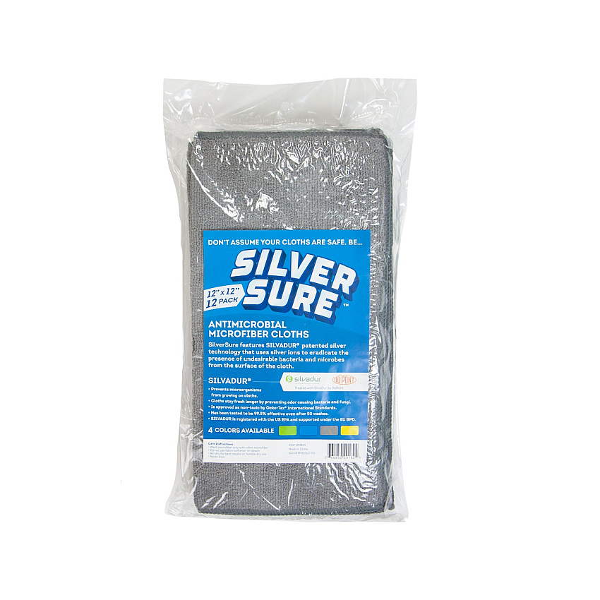 Silversure Anti-microbial Cleaning Cloth 12x12 Gray, Pack Of 12 (PNP-M915SLV-FG)